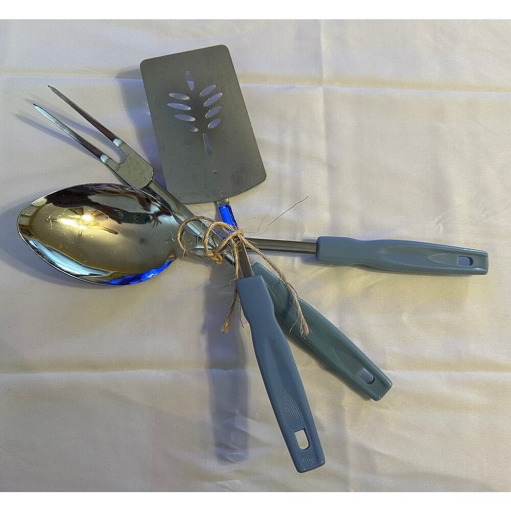 Vintage Korean Made Kitchen Utensil Set Spatula Spoon Fork‎ Blue Plastic Handle